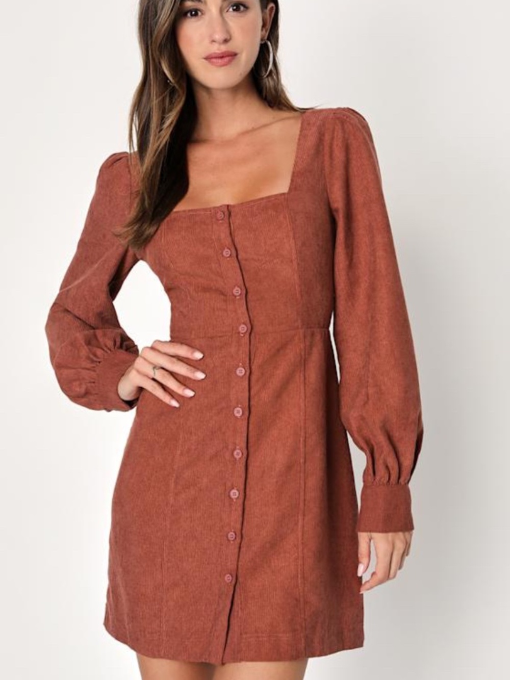 Lulus Posh Promise Brown Corduroy Long Sleeve Button-up Mini Dress - Size M